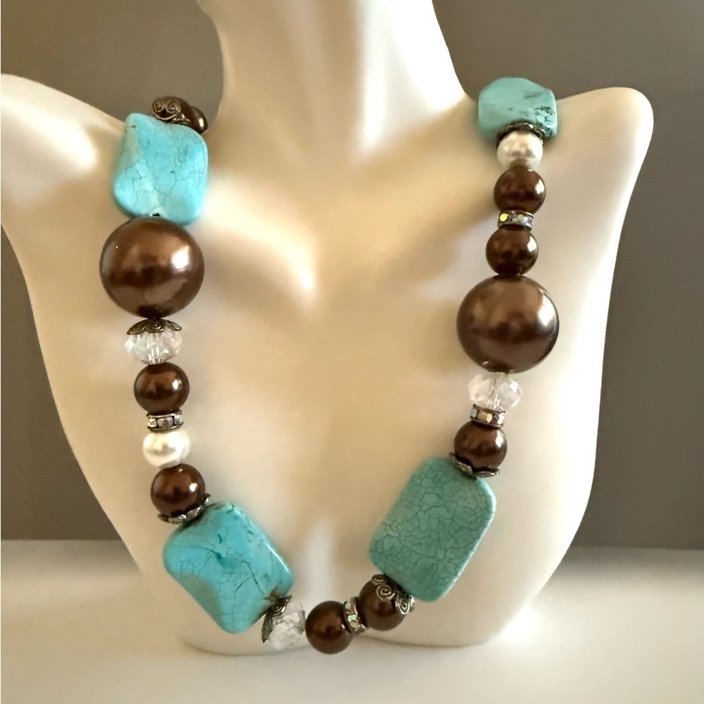 Turquoise and Brown Beaded Howlite Statement Faux Pearl Necklace - Picture 2 of 5